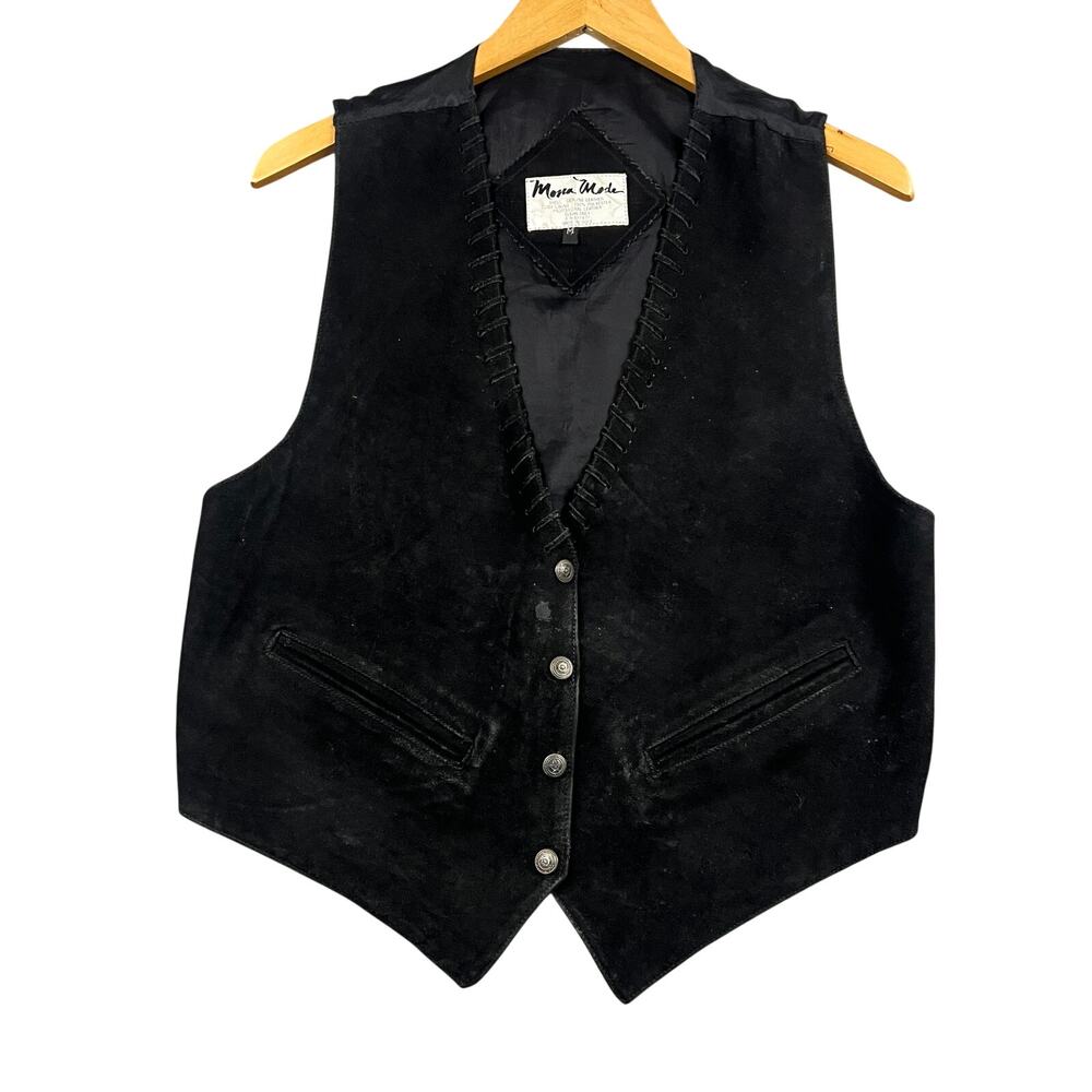 Mona Mode Genuine Leather Vest Black Western Button Front Tie Back Size M